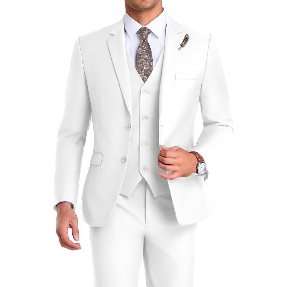 Men's Notched Lapel White Groomsmen Slim Fit 3 Pieces Suit for Wedding